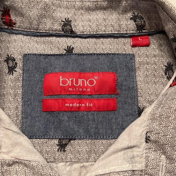 U35- Bruno Milano Modern Fit Gray Button Up Crab Pattern Shirt Size Large - Picture 6 of 10